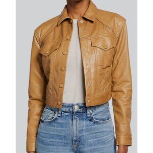 VERONICA BEARD Dottie Leather Trucker Jacket 2 Cropped Lambskin Snaps Tan $1298